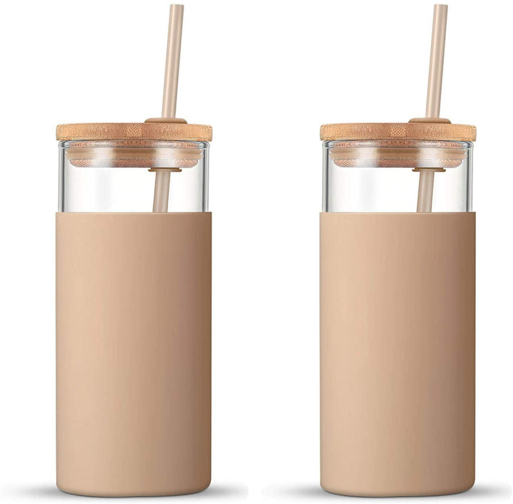 tronco 20 oz Glass Tumbler Glass Water Bottle Straw Silicone Protective  Sleeve Bamboo Lid - BPA Free- Amber/2 Pack